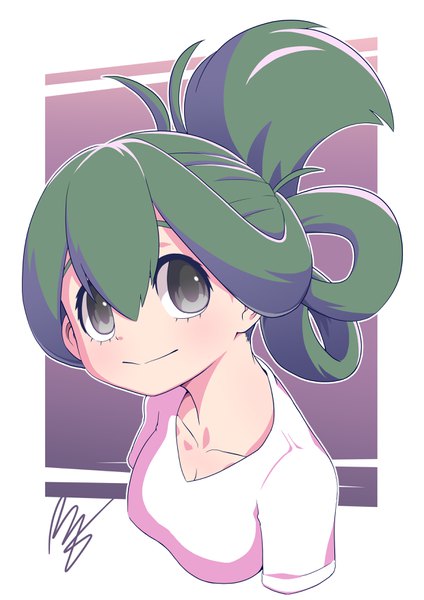 Anime picture 2480x3508 with boku no hero academia studio bones asui tsuyu rogeris single tall image looking at viewer fringe highres short hair simple background hair between eyes signed upper body green hair light smile grey eyes border portrait alternate hairstyle