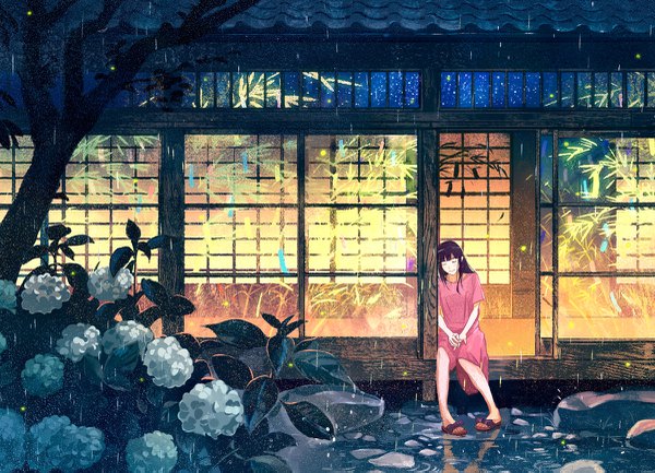 Anime picture 1200x867 with original gemi single long hair fringe black hair smile sitting full body blunt bangs eyes closed reflection rain hands clasped girl dress flower (flowers) plant (plants) tree (trees) water