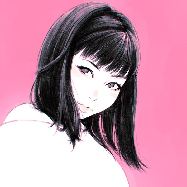Anime picture 1080x1080 with original ilya kuvshinov single long hair fringe black hair purple eyes upper body light smile pink background pale skin blush stickers girl