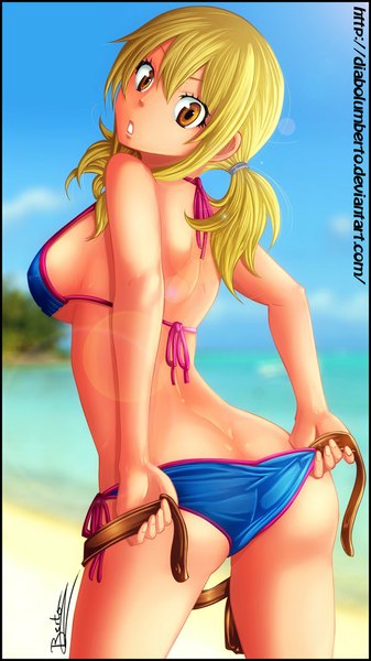 Anime picture 600x1068 with fairy tail lucy heartfilia diabolumberto single tall image short hair light erotic blonde hair twintails brown eyes sky cloud (clouds) looking back sunlight beach coloring framed girl swimsuit bikini