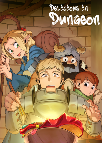 Anime picture 744x1044 with dungeon meshi studio trigger marcille donato laios touden senshi (dungeon meshi) chilchuck tims fen (gunpura) long hair tall image short hair open mouth blonde hair brown hair brown eyes green eyes indoors :d pointy ears multiple boys copyright name