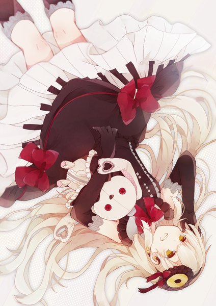 Anime picture 826x1169 with vocaloid mayu (vocaloid) kaneko aaru single long hair tall image blonde hair brown eyes upside down clenched teeth girl dress gloves bow black gloves socks elbow gloves toy stuffed animal stuffed toy