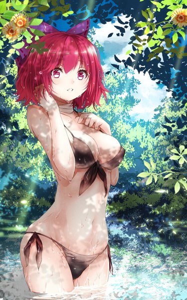 Anime picture 1000x1600 with touhou sekibanki mikoma sanagi single tall image looking at viewer short hair light erotic red eyes bare shoulders cleavage red hair wet alternate costume girl flower (flowers) swimsuit plant (plants) bikini tree (trees)