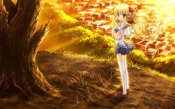 Anime picture 1920x1200 with sin kuro to kiiro no shoujo claire asuka pyon single long hair blush fringe highres blue eyes blonde hair wide image twintails wind sunlight crossed arms girl thighhighs uniform ribbon (ribbons) plant (plants)