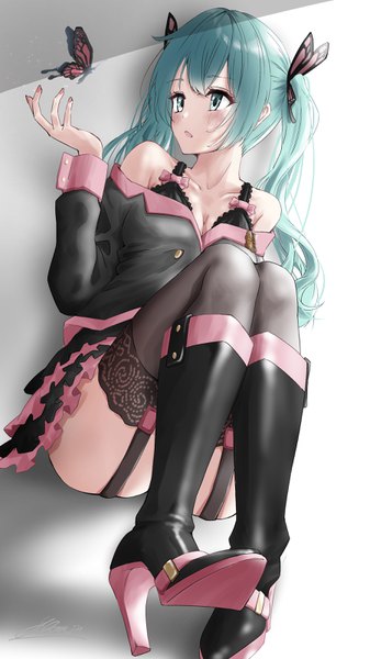 Anime-Bild 1800x3200 mit vocaloid hatsune miku shirubaa single long hair tall image blush fringe highres breasts open mouth light erotic hair between eyes sitting twintails bare shoulders signed payot looking away cleavage