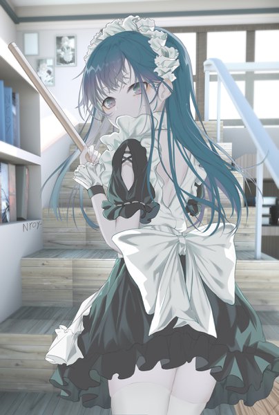 Anime picture 1653x2456 with original nroy- single long hair tall image fringe standing holding signed indoors looking back multicolored hair from behind aqua hair two-tone hair maid puffy sleeves back bare back frilled dress