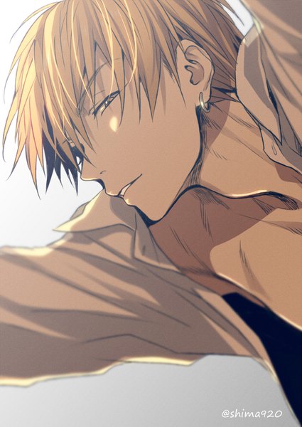 Anime picture 600x847 with kuroko no basket production i.g kise ryouta mashima shima single tall image fringe short hair simple background blonde hair hair between eyes signed yellow eyes parted lips profile grey background boy earrings hoop earrings