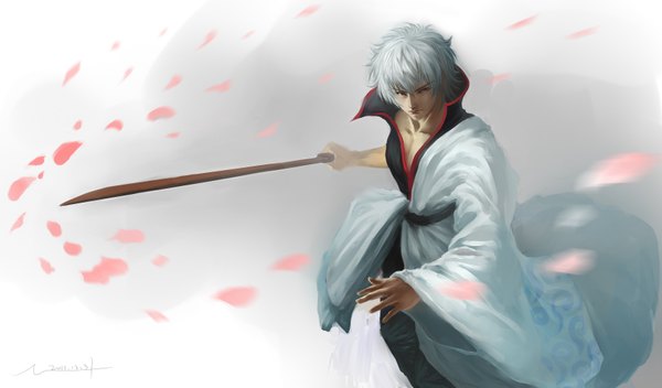 Anime picture 3400x2000 with gintama sunrise (studio) sakata gintoki hangleing single looking at viewer highres short hair simple background red eyes wide image signed silver hair japanese clothes boy weapon petals sword kimono bokken