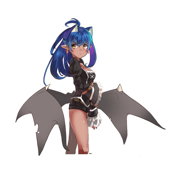 Anime picture 1500x1500 with dungeon and fighter mage (dungeon and fighter) nellen single long hair blush fringe simple background standing white background animal ears yellow eyes blue hair looking away pointy ears cat ears wide sleeves dark skin bat wings girl