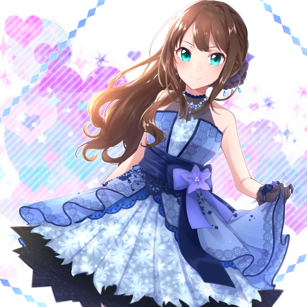 Anime picture 2039x2039 with idolmaster idolmaster cinderella girls idolmaster cinderella girls starlight stage shibuya rin siratama0629 single long hair looking at viewer blush fringe highres smile brown hair standing bare shoulders payot aqua eyes dutch angle floral print dress lift