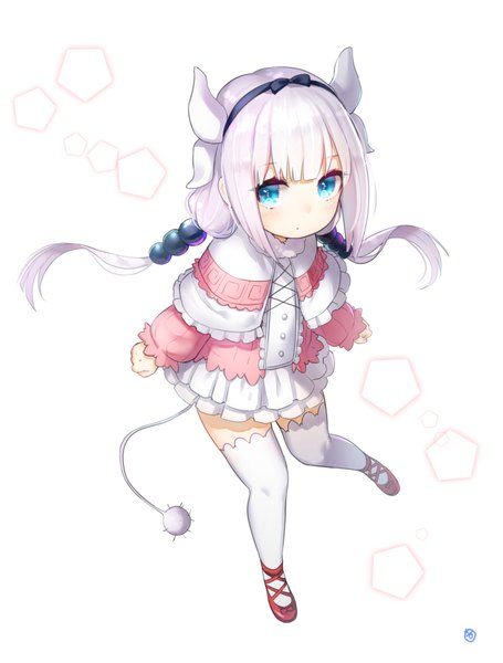 Anime picture 800x1055 with kobayashi-san chi no maidragon kyoto animation kanna kamui hieung single long hair tall image looking at viewer blue eyes white background twintails payot silver hair full body tail horn (horns) from above low twintails girl thighhighs