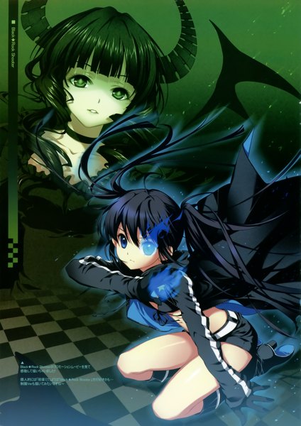 Anime picture 2557x3622 with black rock shooter black rock shooter (character) dead master shirahane nao long hair tall image looking at viewer highres open mouth blue eyes twintails multiple girls green eyes horn (horns) green hair wind scan wavy hair checkered floor bat wings