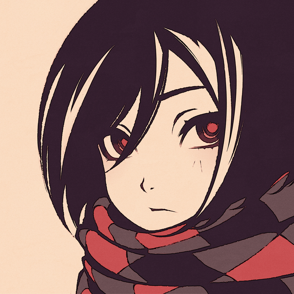 Anime picture 1080x1080 with original moshimoshibe single blush fringe short hair black hair simple background hair between eyes red eyes looking away portrait polychromatic girl scarf