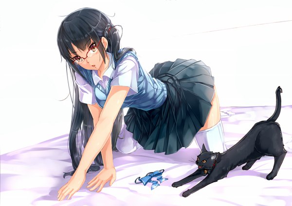 Anime picture 2046x1446 with original kazeno single long hair looking at viewer blush highres open mouth light erotic black hair white background brown eyes full body pleated skirt on all fours girl thighhighs skirt uniform school uniform