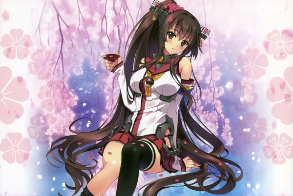 Anime picture 4622x3100 with kantai collection yamato super battleship carnelian single looking at viewer blush fringe highres hair between eyes brown hair sitting bare shoulders brown eyes absurdres ponytail very long hair hair flower cherry blossoms floral background girl