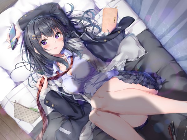 Anime picture 3360x2520 with original kuria (clear trip second) single long hair looking at viewer blush fringe highres breasts open mouth light erotic black hair smile purple eyes holding absurdres cleavage indoors lying long sleeves
