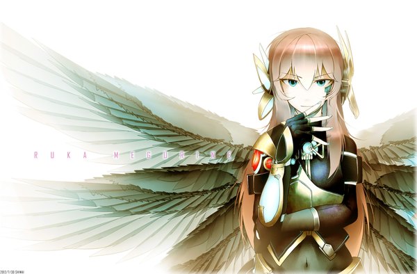 Anime picture 2000x1315 with vocaloid megurine luka shiimai single long hair looking at viewer fringe highres blue eyes smile pink hair nail polish alternate costume character names finger to mouth multiple wings girl wings