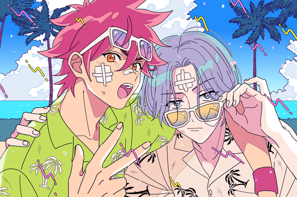 Anime picture 1548x1024 with sk8 the infinity studio bones hasegawa langa kyan reki mitsumi (t0ee0yb) looking at viewer short hair open mouth blue hair sky cloud (clouds) outdoors red hair multiple boys orange eyes sunglasses on head bandaid on face adjusting sunglasses bandaid on nose boy