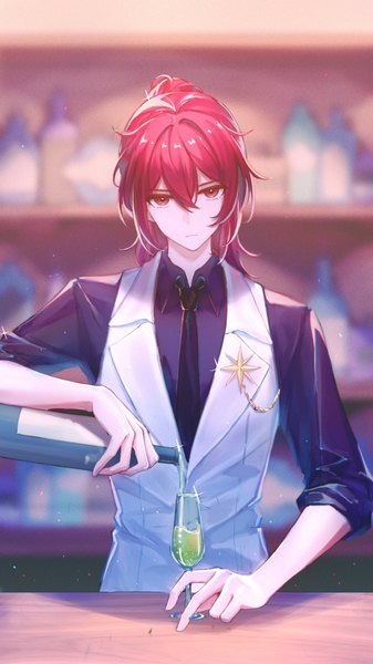 Anime picture 2160x3840 with genshin impact diluc ragnvindr mugiko mz single long hair tall image looking at viewer fringe highres hair between eyes red eyes standing upper body ponytail red hair head tilt dust sleeves pushed up boy shirt