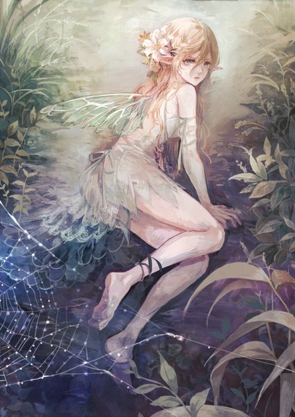 Anime picture 1000x1414 with original senano-yu single long hair tall image looking at viewer blue eyes blonde hair bare shoulders full body bent knee (knees) very long hair looking back barefoot hair flower pointy ears bare legs no shoes reclining fantasy