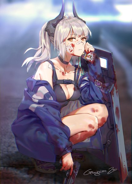 Anime picture 1000x1393 with arknights liskarm (arknights) gongxiao zao single long hair tall image looking at viewer fringe breasts light erotic large breasts holding brown eyes signed silver hair full body outdoors ponytail blunt bangs horn (horns)