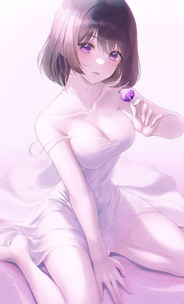 Anime picture 1518x2500 with original hhl (ggul80hg58) single tall image looking at viewer fringe short hair breasts simple background hair between eyes sitting purple eyes holding cleavage purple hair full body bent knee (knees) parted lips head tilt barefoot