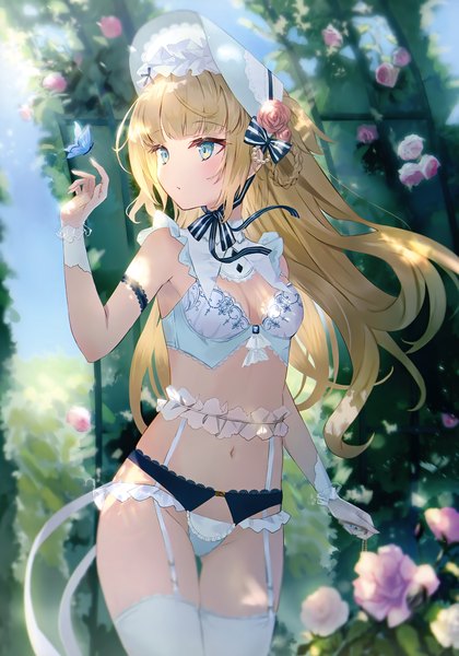 Anime picture 2476x3533 with original omelet tomato single long hair tall image blush fringe highres breasts blue eyes light erotic blonde hair standing holding payot looking away outdoors blunt bangs braid (braids) arm up