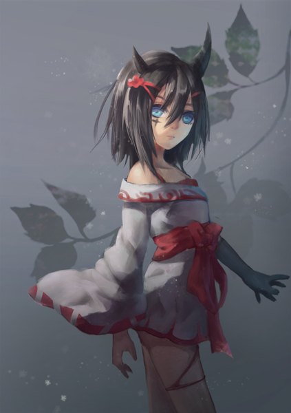 Anime picture 1058x1500 with original noodles (artist) single long hair tall image looking at viewer fringe blue eyes black hair bare shoulders horn (horns) lips wide sleeves facial mark girl hair ornament obi short kimono