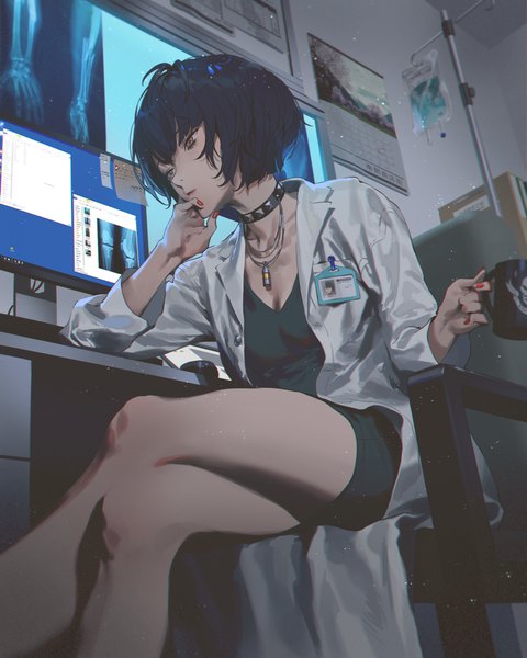 Anime picture 3200x4000 with persona 5 persona takemi tae fajyobore single tall image fringe highres short hair black hair sitting brown eyes looking away absurdres indoors blunt bangs nail polish open clothes crossed legs head rest