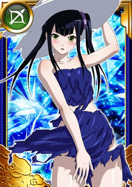 Anime picture 567x800 with ikkitousen saji genpou (true) single long hair tall image looking at viewer blush open mouth black hair twintails yellow eyes torn clothes card (medium) girl dress hat