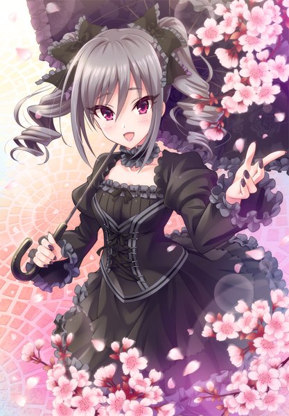 Anime picture 695x1000 with idolmaster idolmaster cinderella girls kanzaki ranko urabi (tomatohouse) single long hair tall image looking at viewer blush open mouth red eyes twintails grey hair drill hair girl dress flower (flowers) bow hair bow petals