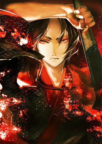 Anime picture 700x991 with hoozuki no reitetsu wit studio hoozuki (hoozuki no reitetsu) ihiro single tall image looking at viewer fringe short hair black hair holding traditional clothes japanese clothes lips wide sleeves eyebrows serious boy weapon bandage (bandages)