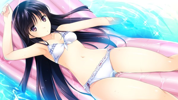 Anime picture 2048x1152 with kono oozora ni tsubasa wo hirogete habane kotori yashima takahiro single long hair highres black hair wide image brown eyes game cg afloat girl navel swimsuit bikini white bikini inflatable raft