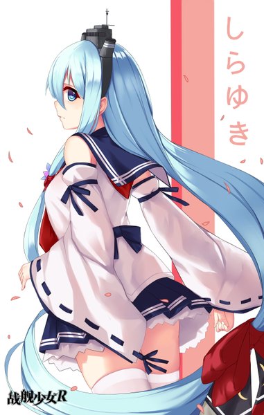 Anime picture 4133x6496 with warship girls r shirayuki (warship girls r) allenes single tall image highres blue eyes blue hair absurdres very long hair looking back girl thighhighs hair ornament detached sleeves petals white thighhighs