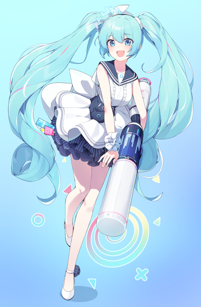 Anime picture 1144x1749 with blue archive vocaloid hatsune miku ddangbi single tall image looking at viewer fringe open mouth hair between eyes twintails full body very long hair :d aqua eyes aqua hair bare legs sleeveless gradient background sailor collar