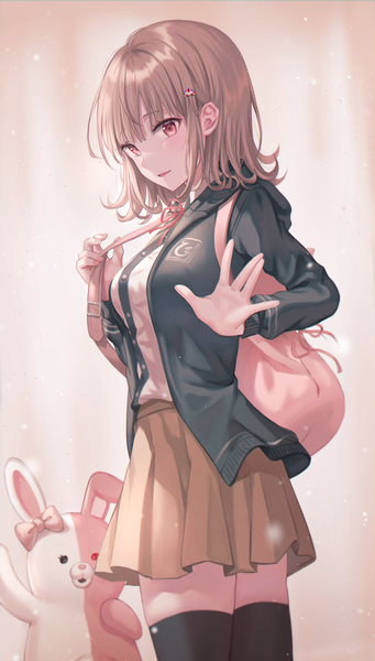 Anime picture 2384x4189 with dangan ronpa super dangan ronpa 2 nanami chiaki monomi tokkyu single tall image looking at viewer blush fringe highres short hair breasts open mouth simple background smile standing pink hair long sleeves pleated skirt