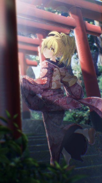 Anime picture 1864x3346 with bakemonogatari shaft (studio) monogatari (series) oshino shinobu drawdream1025 single tall image looking at viewer fringe highres short hair blonde hair hair between eyes yellow eyes traditional clothes japanese clothes looking back pointy ears from behind blurry