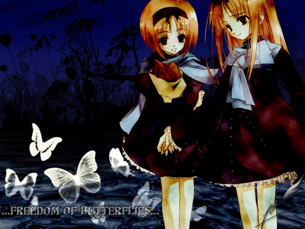 Anime picture 1600x1200 with present pretty mizuha (present pretty) otoha (present pretty) sumi keiichi phill long hair short hair smile brown hair multiple girls holding brown eyes outdoors night holding hands third-party edit shared scarf girl dress 2 girls