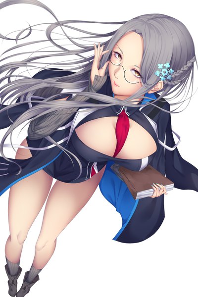 Anime picture 1170x1754 with azur lane shangri-la (azur lane) shiro usagi single tall image looking at viewer breasts light erotic simple background large breasts standing white background holding brown eyes cleavage full body braid (braids) very long hair nail polish fingernails