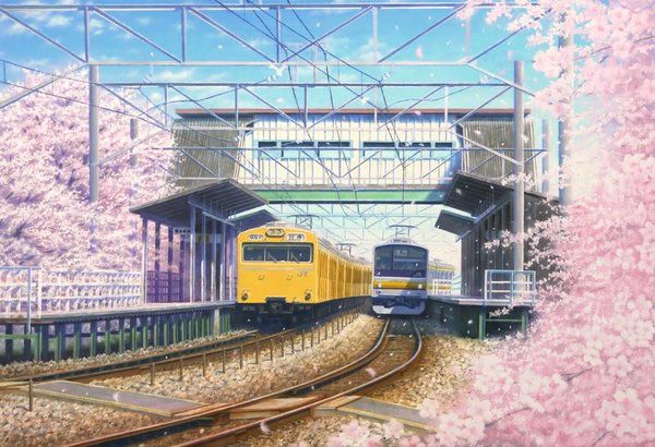 Anime picture 1436x983 with original akashikaikyo sky cherry blossoms flower (flowers) plant (plants) petals tree (trees) wire (wires) train train station railways railroad tracks