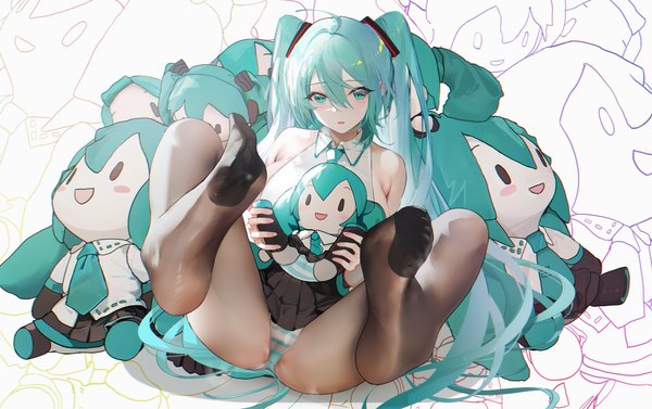 Anime picture 6362x4001 with vocaloid hatsune miku omone hokoma agm single long hair looking at viewer blush fringe highres breasts open mouth light erotic hair between eyes large breasts sitting twintails bare shoulders holding absurdres full body