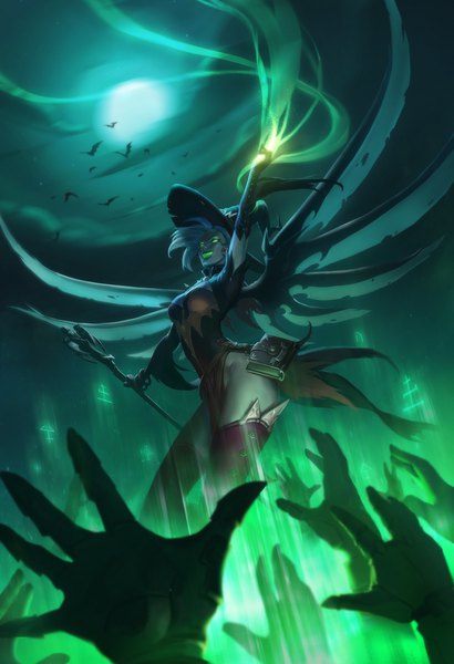 Anime picture 1600x2342 with overwatch blizzard entertainment mercy (overwatch) witch mercy rokiwitch tall image short hair breasts open mouth light erotic holding green eyes looking away silver hair cloud (clouds) outdoors arm up night night sky outstretched arm