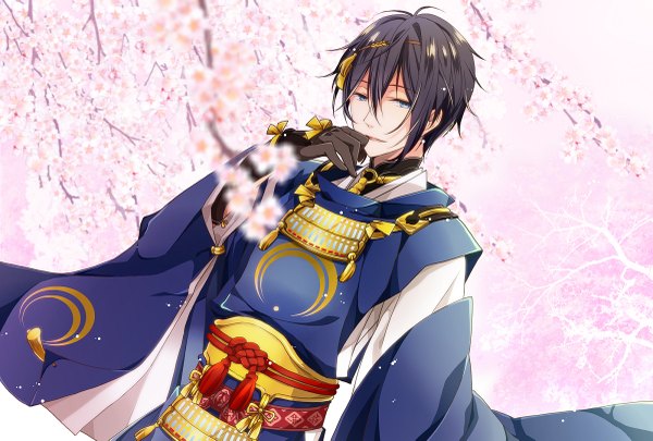 Anime picture 1200x811 with touken ranbu nitroplus mikazuki munechika uutan single short hair blue eyes black hair hair between eyes standing looking away traditional clothes parted lips japanese clothes dutch angle cherry blossoms finger to mouth spring boy gloves