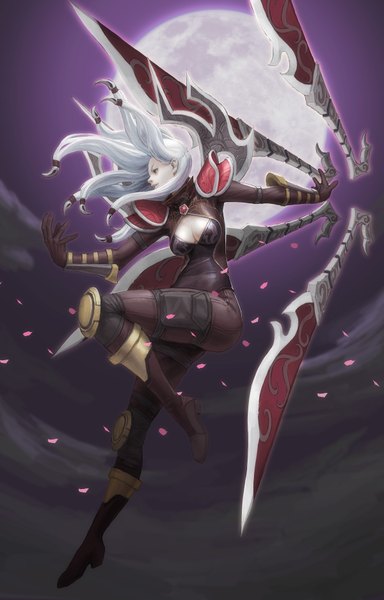 Anime picture 1200x1872 with league of legends irelia (league of legends) loped (pixiv) single long hair tall image fringe breasts light erotic sky cleavage silver hair cloud (clouds) night from below girl gloves weapon petals boots
