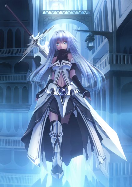 Anime picture 1748x2480 with original garuku single long hair tall image highres blue eyes white hair street girl navel weapon detached sleeves sword armor thigh boots