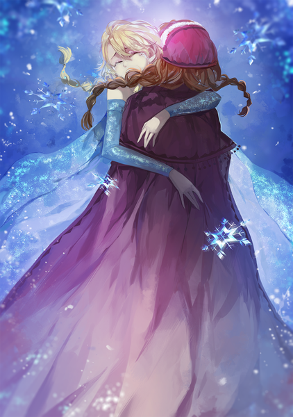 Anime picture 1000x1420 with frozen (disney) disney elsa (frozen) anna (frozen) saberiii long hair tall image open mouth blonde hair brown hair multiple girls braid (braids) eyes closed wind hug tears crying steam girl dress
