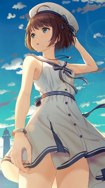 Anime picture 750x1334 with original hyuuga azuri single tall image fringe short hair open mouth brown hair standing bare shoulders looking away sky cloud (clouds) ahoge outdoors aqua eyes wind from below lens flare arm behind head