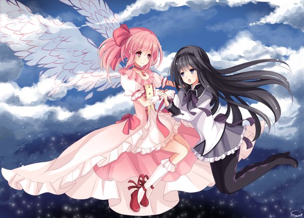 Anime picture 3000x2150 with mahou shoujo madoka magica shaft (studio) akemi homura kaname madoka long hair highres short hair open mouth black hair red eyes purple eyes multiple girls pink hair absurdres sky cloud (clouds) holding hands girl dress gloves