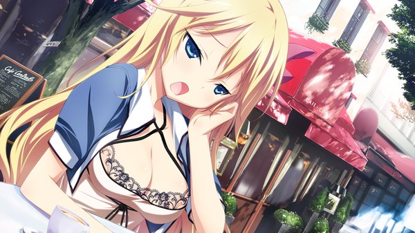 Anime picture 1280x720 with material brave giga ougi kanae kikuchi seiji long hair breasts open mouth blue eyes light erotic blonde hair wide image game cg girl dress