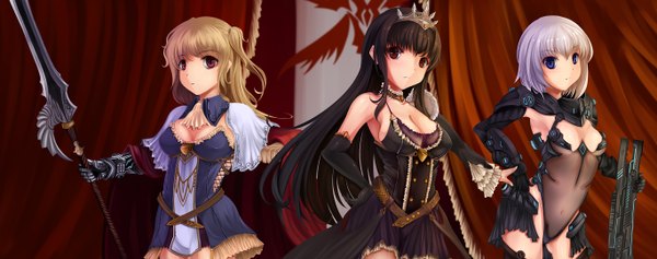 Anime picture 2732x1080 with original rhineheim long hair highres short hair breasts blue eyes light erotic black hair blonde hair red eyes wide image purple eyes multiple girls cleavage white hair girl dress gloves weapon